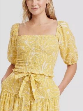 Universal Thread Yellow Floral Smocked Square-Neck Blouse